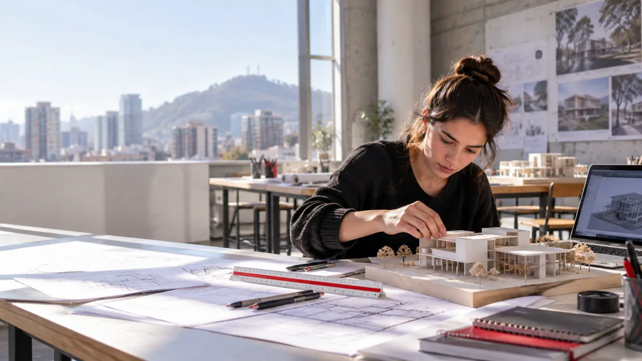Estudiante de Arquitectura trabajando con una maqueta, planos y un modelo digital