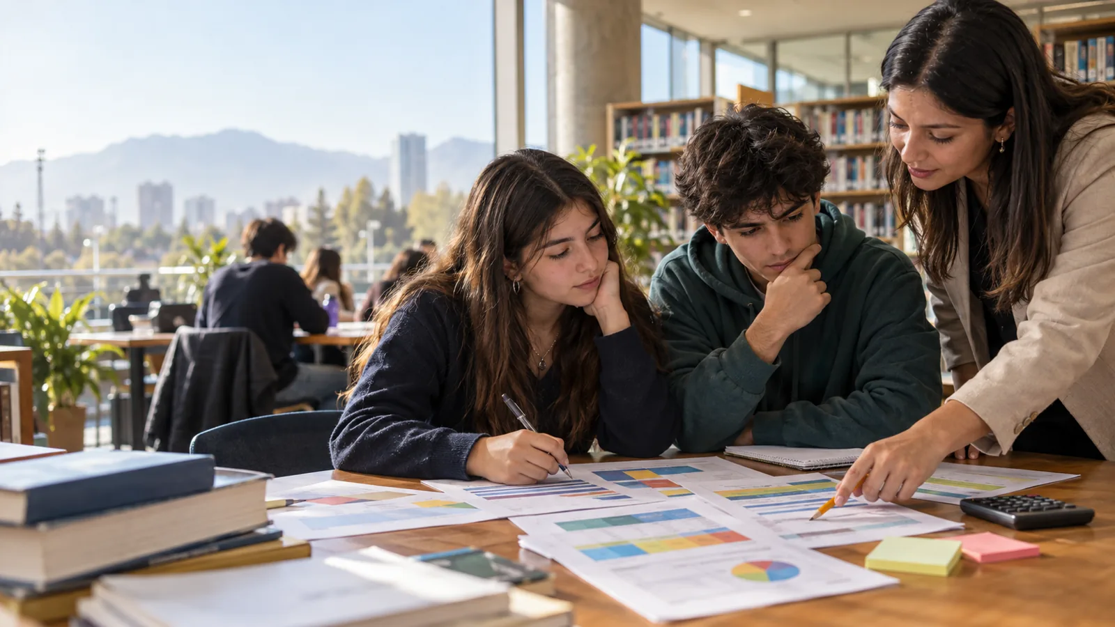 Dos estudiantes chilenos comparan carreras, vacantes y ponderaciones junto a una orientadora