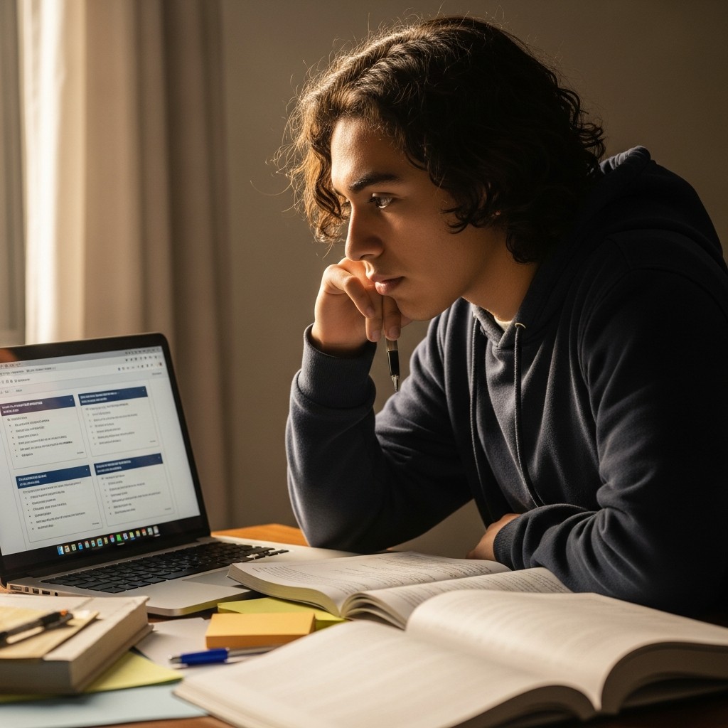 Joven estudiante revisando opciones académicas en su notebook - DEMRE